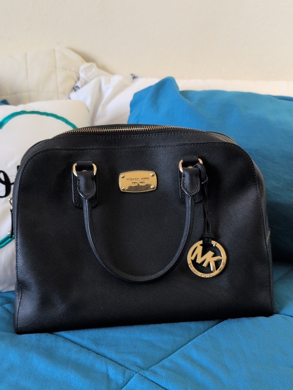 Michael Kors Black Saffiano Dome Satchel with Gold Hardware